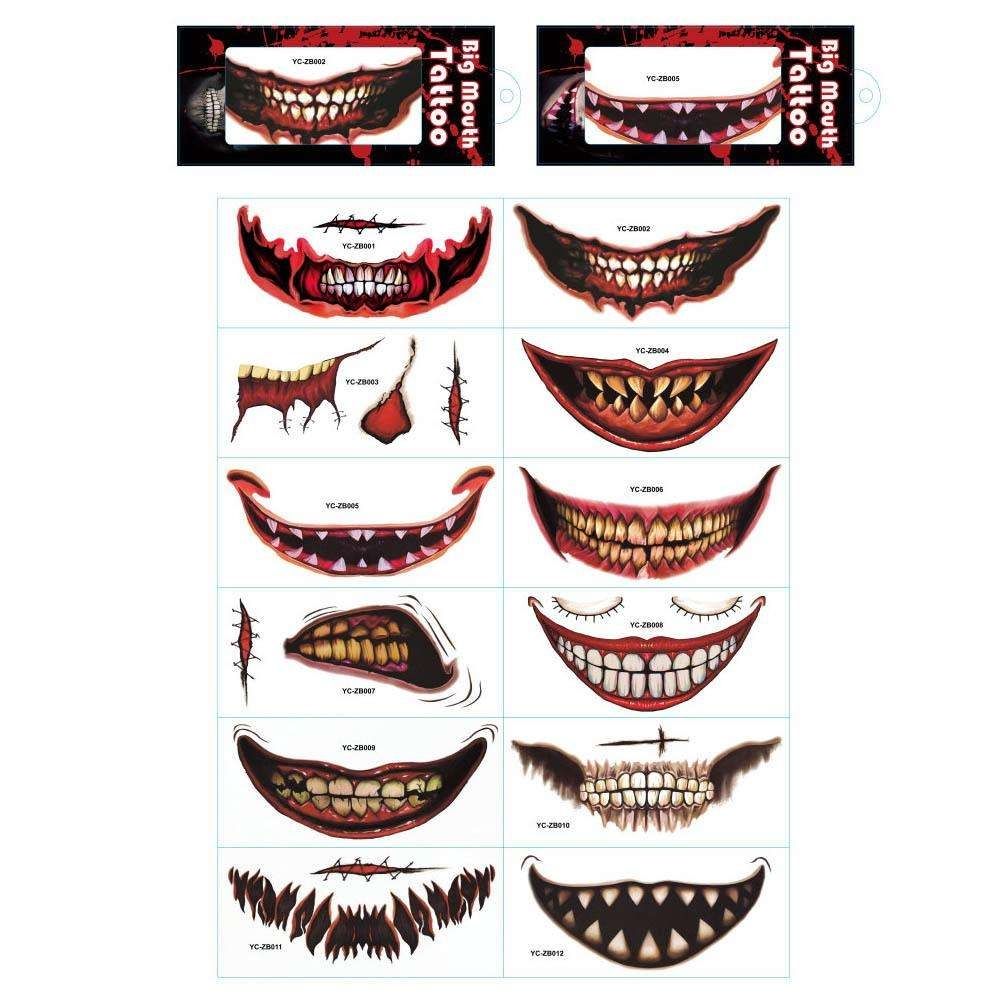 12pcs Halloween Wound Tattoo Mouth Tattoos, MultiColor V1237-ZY-506-0527