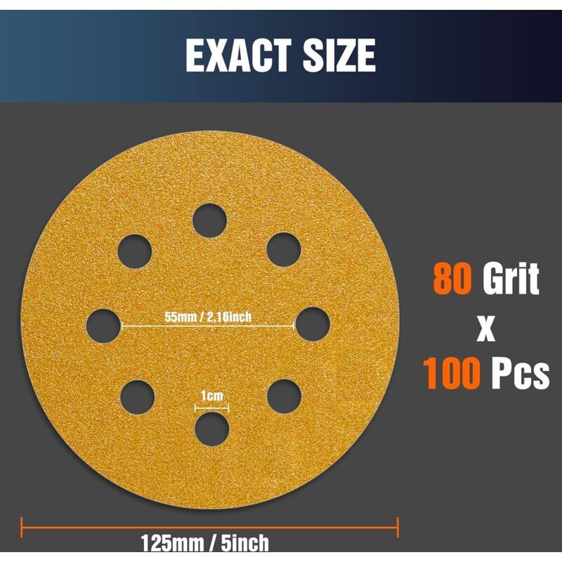 100 Pack Sanding Discs Grit 80 Sandpaper for Eccentric Sander, 125mm 5in V1237-ZY-522-0100
