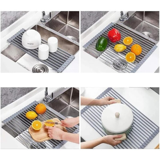 Sink Drainer Basket Roll Up Heat Resistant Dishwasher Shelf with 19 Tubes, Gray, 33 x 45 x 1cm V1237-ZY-528-039