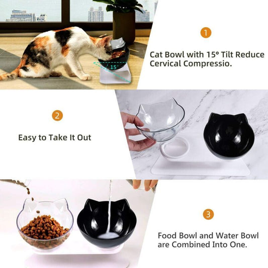 Double Cat Bowl, Cat Bowl, 15 Tilt Double Raised Cat Bowl, Double Bowl Pet Feeder with Raised Stand for Cats V1237-ZY-528-189