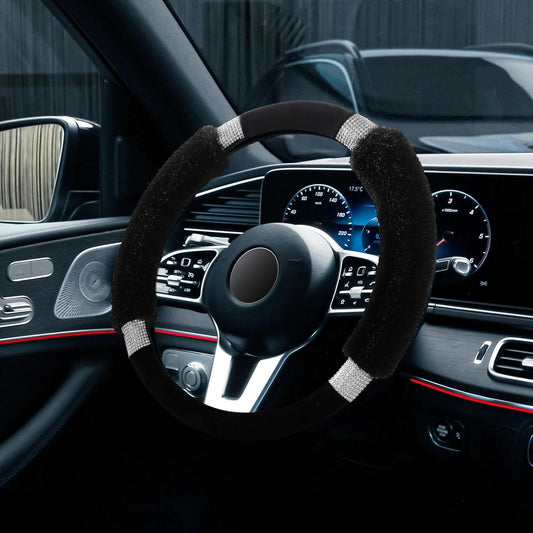 Rhinestone Fluffy Steering Wheel Cover - Comfortable Non-Slip Luxury Faux Wool, Universal Fit for 14.5" to V1250-B07XM6FN2W