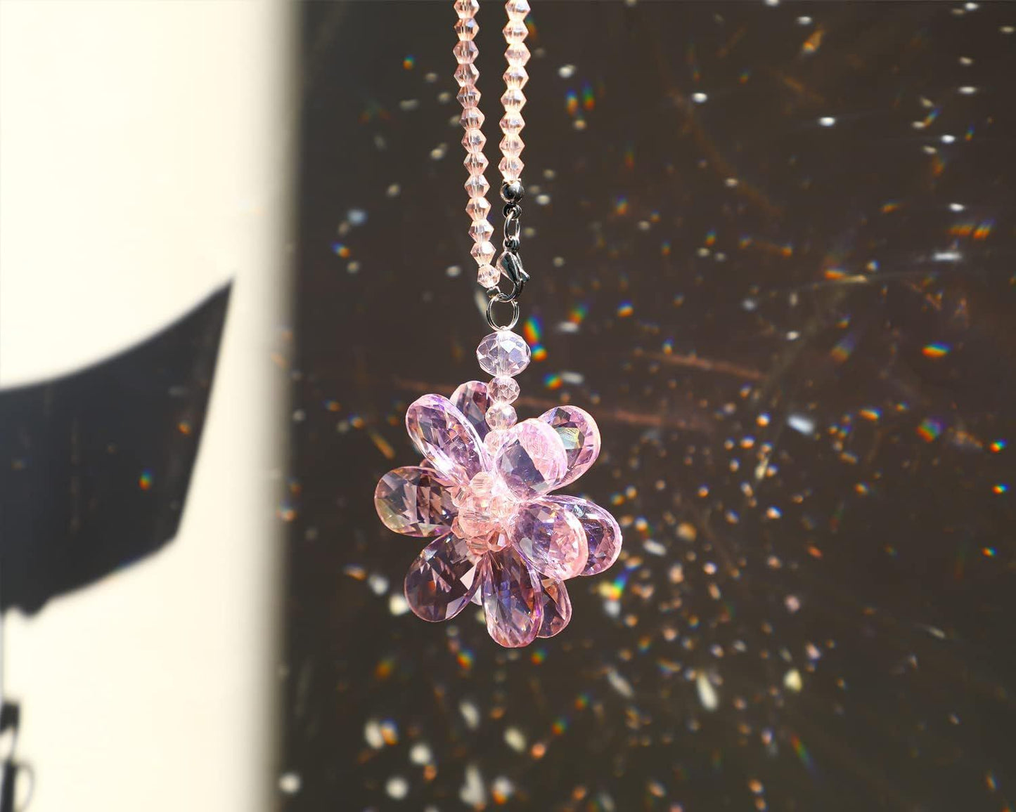 Crystal Flower Car Rear View Mirror Pendant - Pink Crystal Beads Charm Decor for Women Interior V1250-B0B69Z9MDB