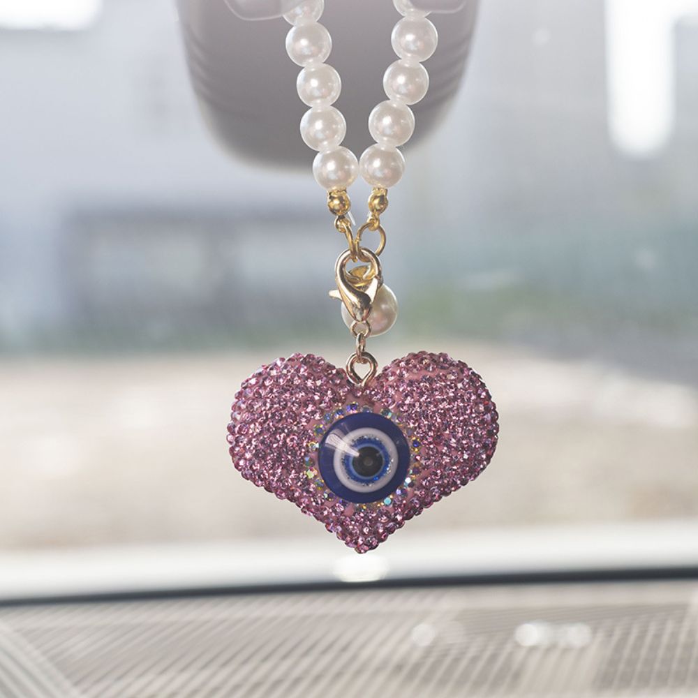 Bling Crystal Evil Eye & Heart Car Rearview Mirror Hanging Ornament | Diamond Pearl Chain Car Charm Decor V1250-CAR-ORNAMENT-EVILEYE-PEARL