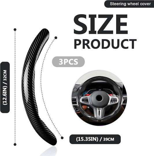 3pcs Universal Carbon Fiber Steering Wheel Cover - Anti-Slip & Segmented Design, Universal 99% Durable V1250-QLSC009-BLACK