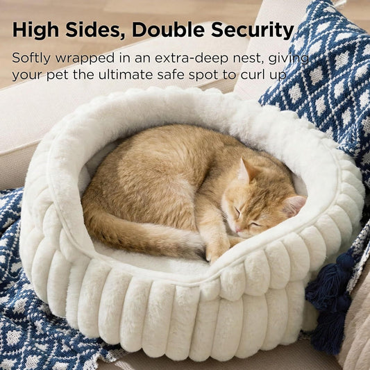 Cat Bed, Washable Round Cute Pet Beds for Indoor Cats, Super Soft Corduroy Kitten Bed with Anti-Slip Bottom, V1250-QLSC021-CREAM-XS