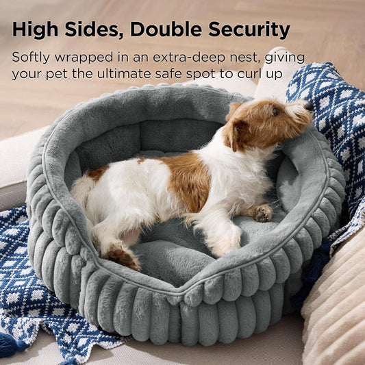 Medium Dog Bed, Washable Cute Pet Bed, Super Soft Corduroy Round Cat Bed with Anti-Slip Bottom, V1250-QLSC021-GRAY-M