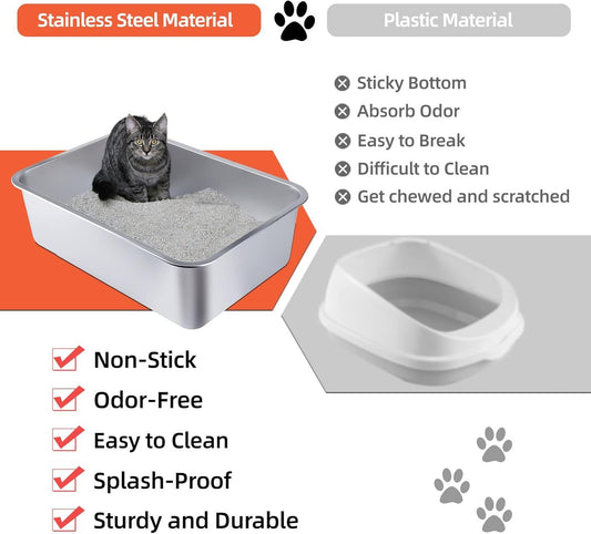 Stainless Steel Cat Litter Box - Large Metal High-Sided Pan for Cats, Pets, Non-Stick, Odor-Free, Easy to V1250-QLSC022-L