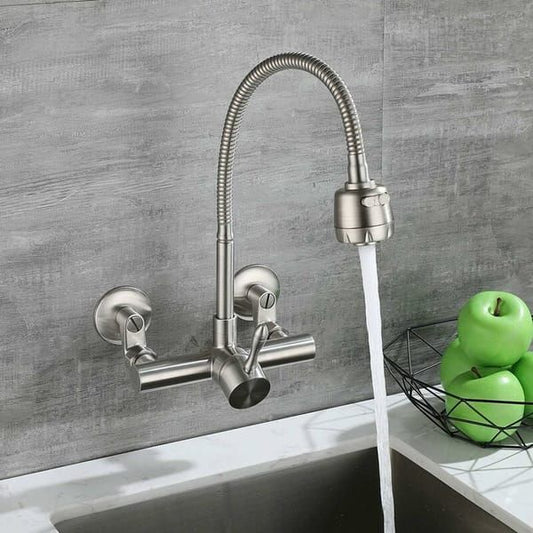 Wall Mounted Kitchen Tap, Food-Grade 304 Stainless Steel Flexible Gooseneck Faucet with 2 Spray Modes, 360 V1250-QLSC038-SLT-01