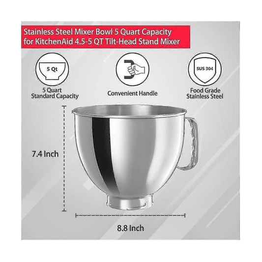 Stainless Steel Mixing Bowl 5 Quart for KitchenAid Classic & Artisan 4.5-5QT Tilt-Head Stand Mixers, 304 V1250-QLSC042-BXG-01