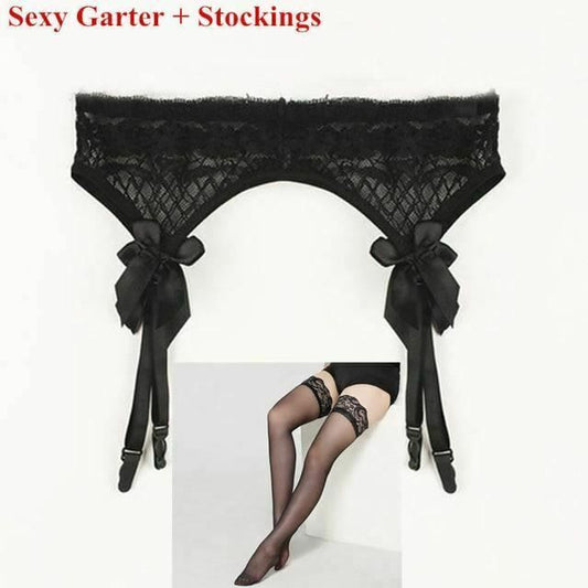 House Of Dasein Lace Top Stockings Garter Belt Erotic Lingerie Bdsm Fetish - Black - Stocking Set V1257-15360414122050