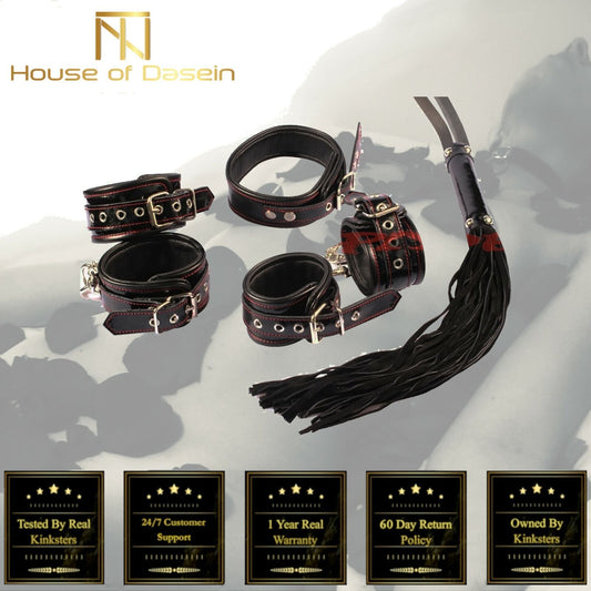 House Of Dasein Real Leather Bondage Kit Cuffs Restraints Collar Flogger Bdsm V1257-16482356199490