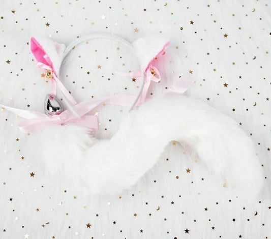 House Of Dasein Black White Cute Kitten Ears Faux Fox Tail Ana Butt Plug Cosplay Bdsm - White - S - Headband V1257-30366011392138