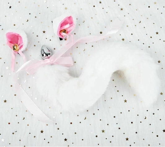House Of Dasein Black White Cute Kitten Ears Faux Fox Tail Ana Butt Plug Cosplay Bdsm - White - M - Hairpin V1257-30366012833930