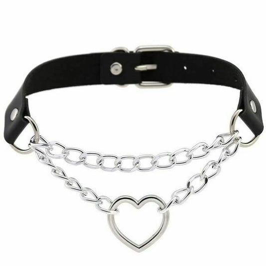 House Of Dasein Bdsm Day Collar Heart Pendant Choker Silver Chain Necklace - Black V1257-30370309308554