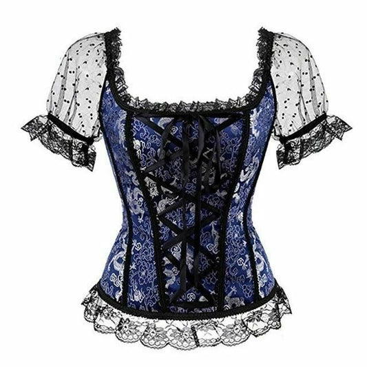 House Of Dasein Sexy Pink Lace Short Sleeve Corset Top Style Corselet - Blue - L V1257-30469024874634