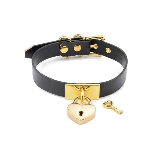 House Of Dasein Leather Collar Locket Love Heart Harajuku Bdsm Sub Slave Punk Choker - Black With Gold V1257-31260687663242