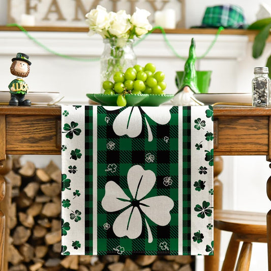 Green Clover Buffalo Plaid Shamrocks St.Patrick's Day Table Runner, Seasonal Kitchen Dining Table Decoration V1258-DP02-A-1142
