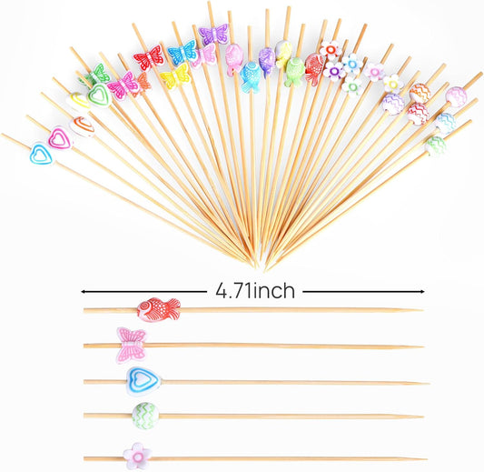 100 Pcs Fancy Toothpicks for Appetizers, 4.7 Inch Cocktail Picks for Party Decoration, Bamboo Appetizer V1258-DP02-A-1151
