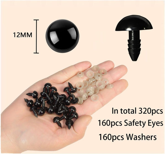 320pcs Include 160pcs 12mm Black Plastic Safety Eyes Crafts Safety Eyes with 160pcs Washers for Amigurumi V1258-DP02-A-1249