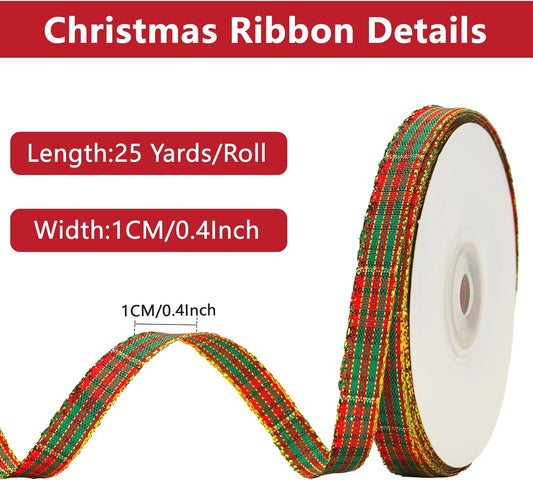 Christmas Ribbon 3/8" Red and Green Plaid Checkered Ribbon 25 Yard Tartan Gold Thread Woven Edge Gingham V1258-DP02-A-188