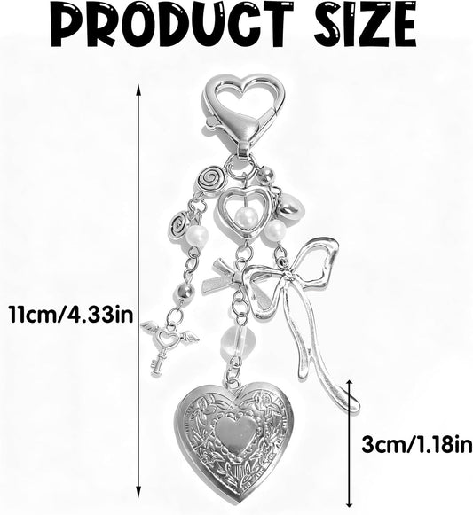 Heart-Shaped Locket Keychain, Silver Bag Charms Decorations Supplies for Women Cute Key Chain Decor, V1258-DP02-A-1950