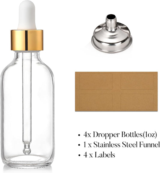 4 Pcs, 1 oz Golden Cap Clear Dropper Bottles (30ml) with 1 Funnel & 4 Labels - Glass Tincture Bottles with V1258-DP02-A-2137