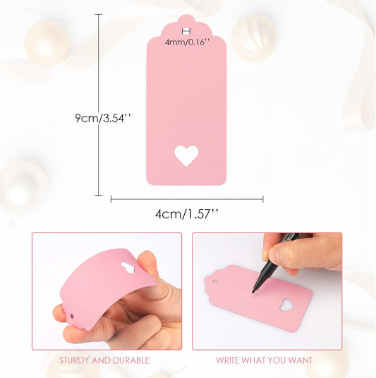 100Pcs Gift Tags with String, Pink Paper Tag with Hollow Heart, 3.7 x 1.7Inch Mother Day Tags, Blank Gift V1258-DP02-A-2155