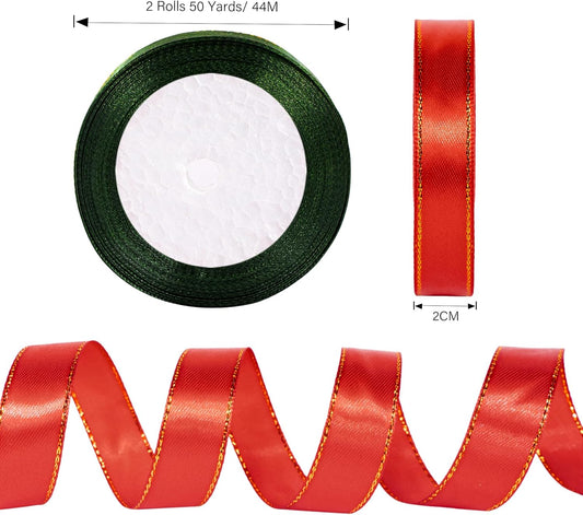 Christmas Ribbon 3/4 Inch x 50 Yards Gift Ribbon, Red and Green Polyester Satin Ribbon with Gold Edge for V1258-DP02-A-2163