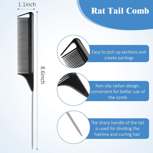 12 Pieces Rat Tail Comb Carbon Fiber Parting Set, Stainless Steel Tail Hair Comb Heat Resistant Teasing for V1258-DP02-A-2310