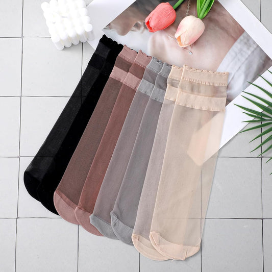 8 Pairs Womens Sheer Ruffle Socks, Ultra Thin Nude Ankle Socks, See Through Silk Nylon Stockings, Anti-Slip V1258-DP02-A-2380