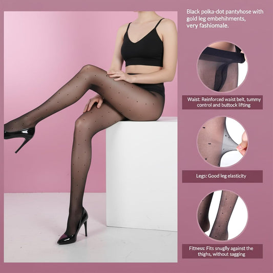 Women's Sheer Polka Dot Tights, 30D Shiny Thin Patterned Tights Pantyhose with Dot Design, Nylon Black High V1258-DP02-A-2389