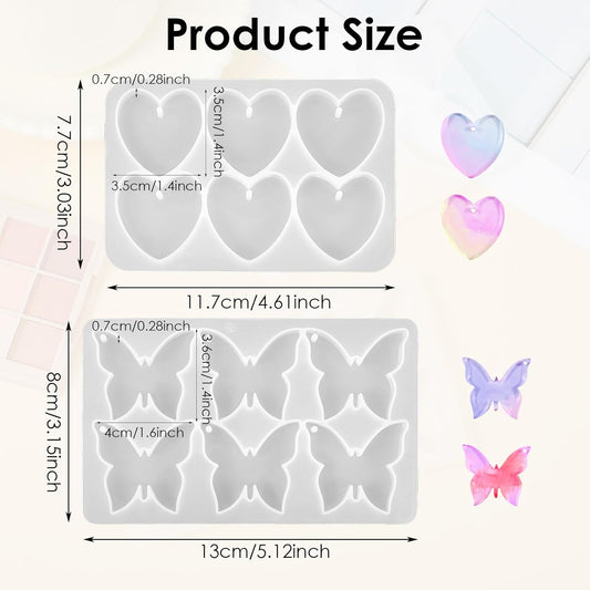 Butterfly Molds Silicone, 2 Pack Fondant Molds 6 Grids Epoxy Resin Mold with Hole Keychain Pendant Mold Heart V1258-DP02-A-2394