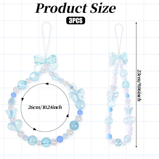 Beaded Phone Charms Strap, 3 Pcs Camera Charm Strap Wristlet Keychain Butterfly Flower Heart Bow Lanyard V1258-DP02-A-2447