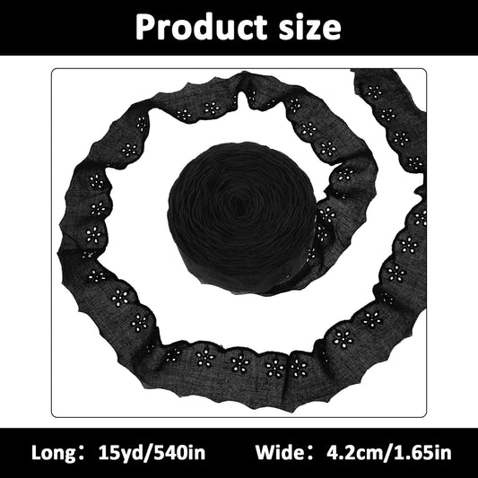 15 Yards Black Lace Trim, 1-5/8 inch Black Floral Embroidery Ruffle Cotton Lace Trim Wavy Edge Eyelet-Lace V1258-DP02-A-2449