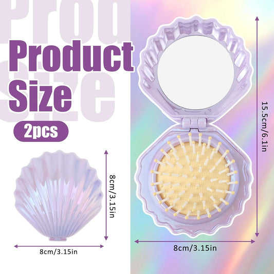 2 PCS Shell Folding Hair Brush with Mirror, Foldable Mini Hairbrush Retractable Purse Combs Cute Small Travel V1258-DP02-A-2461