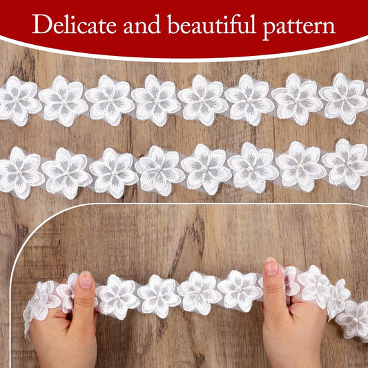 2 Yards White Flower Lace Pearl Trim, Flower Trim Ribbon 3D Pearl Beads Embroidered Floral Applique Fabric V1258-DP02-A-2470
