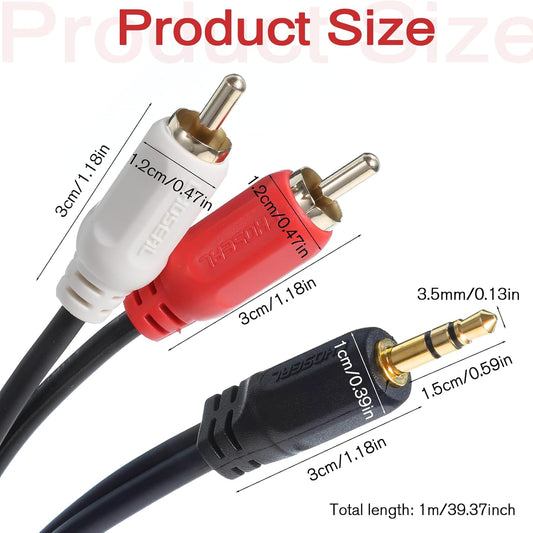 3.5 mm to 2RCA Audio Cable, 3.2 ft/1 m Gold-Plated Plug Stereo Y Splitter Cord, Aux to RCA Cable Audio Jack V1258-DP02-A-2472