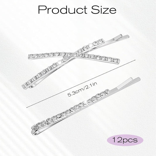 12 Pieces Rhinestone Bobby Pins for Women, Decorative Silver Hair Clips Crystal Shiny X Shaped Barrettes V1258-DP02-A-2482