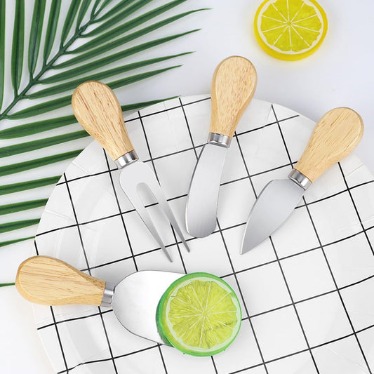 4-Piece Mini Wooden Handle Stainless Steel Cheese Set - Slicer, Knife, Fork, Butter Knife for Charcuterie & V1258-DP02-A-315