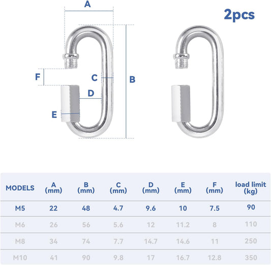 2 Pack M5 D-Shape Silver Steel Quick Link Carabiner, Chain Hooks for Outdoor Traveling Equipment, Connecting V1258-DP02-A-317