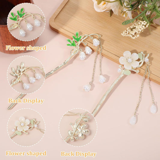 2PCS Chinese Hair Sticks,Lily of the Valley Hairpin Fringed Flowers Decor Hairstick for Women Headdress Fork V1258-DP02-A-529