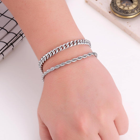 Kvekstio 2 Pieces Mens Sterling Silver Figaro Cuban Chain Bracelet Gift for Husband Boyfriend, Adjustable V1258-DP02-A-632