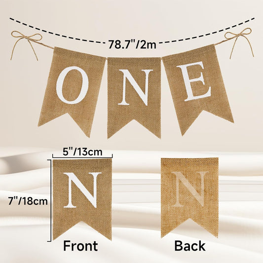 Burlap One Banner - NO DIY One Highchair Banner First Birthday Boy Girl Banner Sign Decoration 1st Happy V1258-DP02-A-75