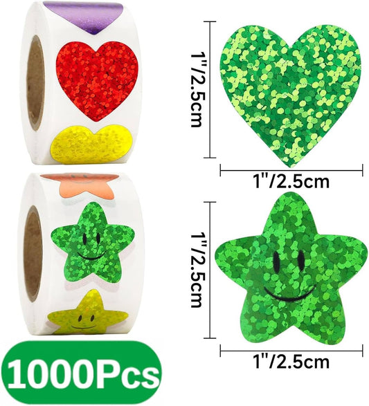 Heart Stickers Star Stickers - 1000Pcs 1Inch Glitter Heart Sticker and Smiley Face Star Sticker for Kids V1258-DP02-A-90