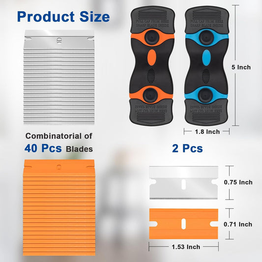 Razor Scraper Tool 2 Pack, Razor Blade Scraper Tool with 20pcs Plastic Blades and 20pcs Metal Scraper Blades, V1258-DP02-A-939