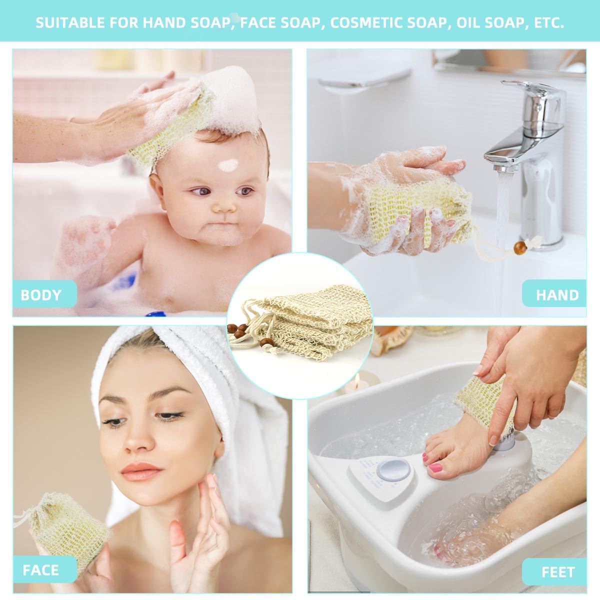 5 Pack Soap Saver Bag Exfoliating Pouch Shower Mesh Bar Natural Sisal for Bath and Bags with Drawstring V1258-DP02-A-999