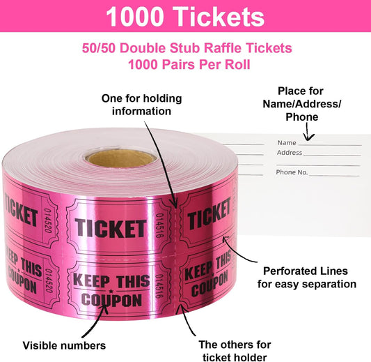 ceiba tree 1000 Raffle Tickets Double Roll Metallic Pink Foil Ticket for Events Carnivals Entry Class Reward V1258-DP02-B-1010