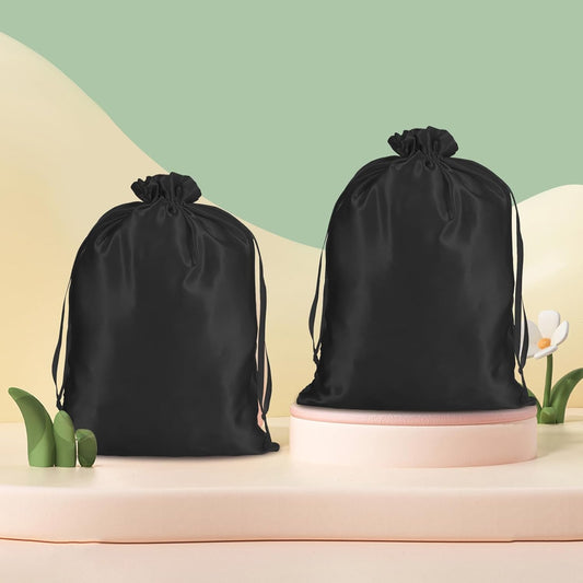 4Pcs Wig Storage Bags,Silk Bags with Drawstring Small Storage Satin Bag for Wigs Bundles Hair Extension(Black) V1258-DP02-B-1011