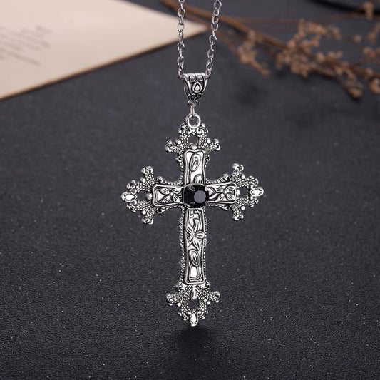 Kvekstio Vintage Gothic Cross Necklace for Women Men - Large Antique Silver Crucifix Pendant with Black V1258-DP02-B-1098