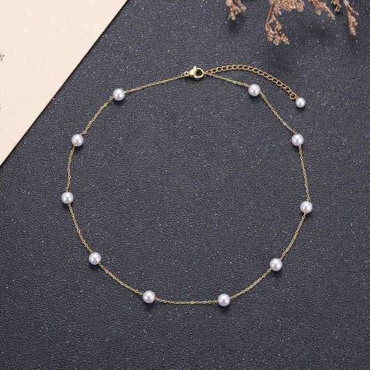 Gold-Plated Floating Pearl Necklace for Women - Minimalist Imitation White Pearls Chain, Station Pearl V1258-DP02-B-1101